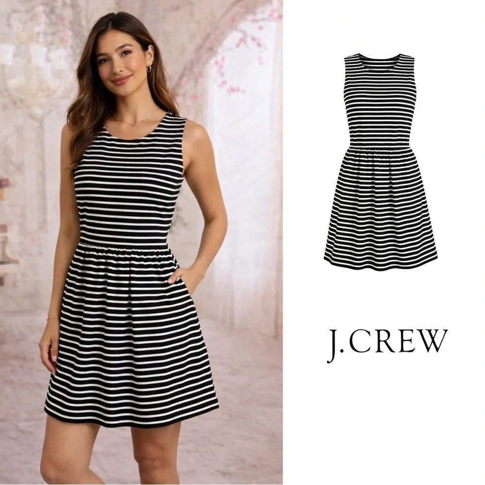 J.Crew Womens Navy Blue White Striped Sleeveless Fit and Flare Pocket Dress S